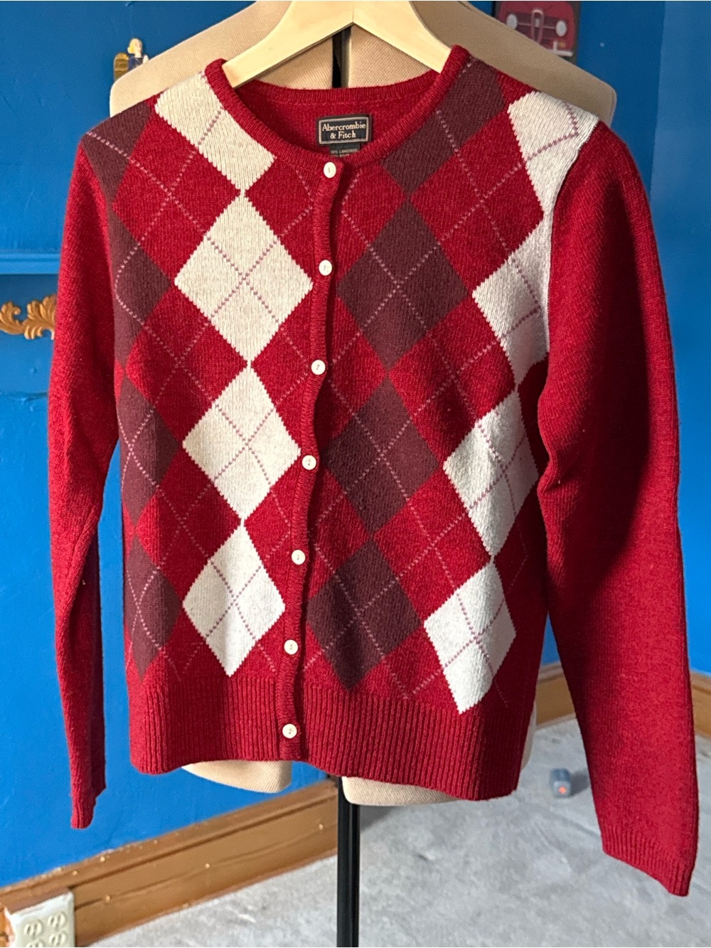 Vintage Abercrombie & Fitch Red Lambswool Argyle Cardigan | Old Money Preppy
